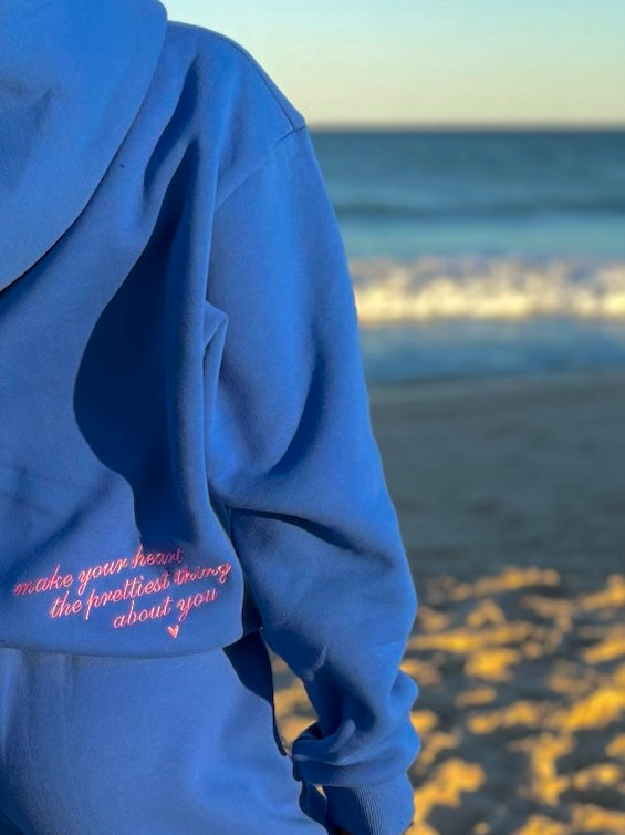 royal blue & pink “make your heart the prettiest thing about you” hoodie