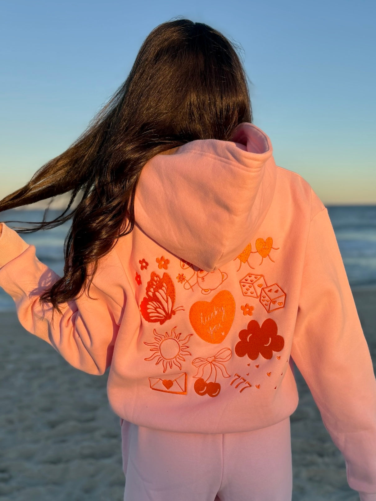 pink & orange “lucky you” elements hoodie