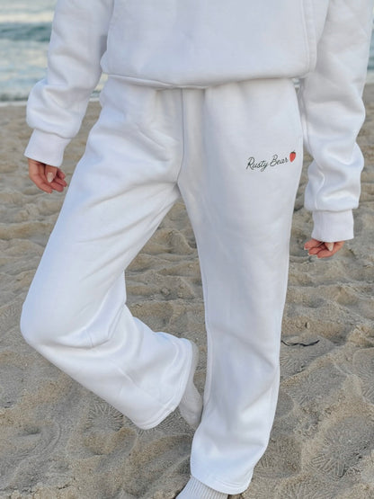 white strawberry open bottom sweatpants