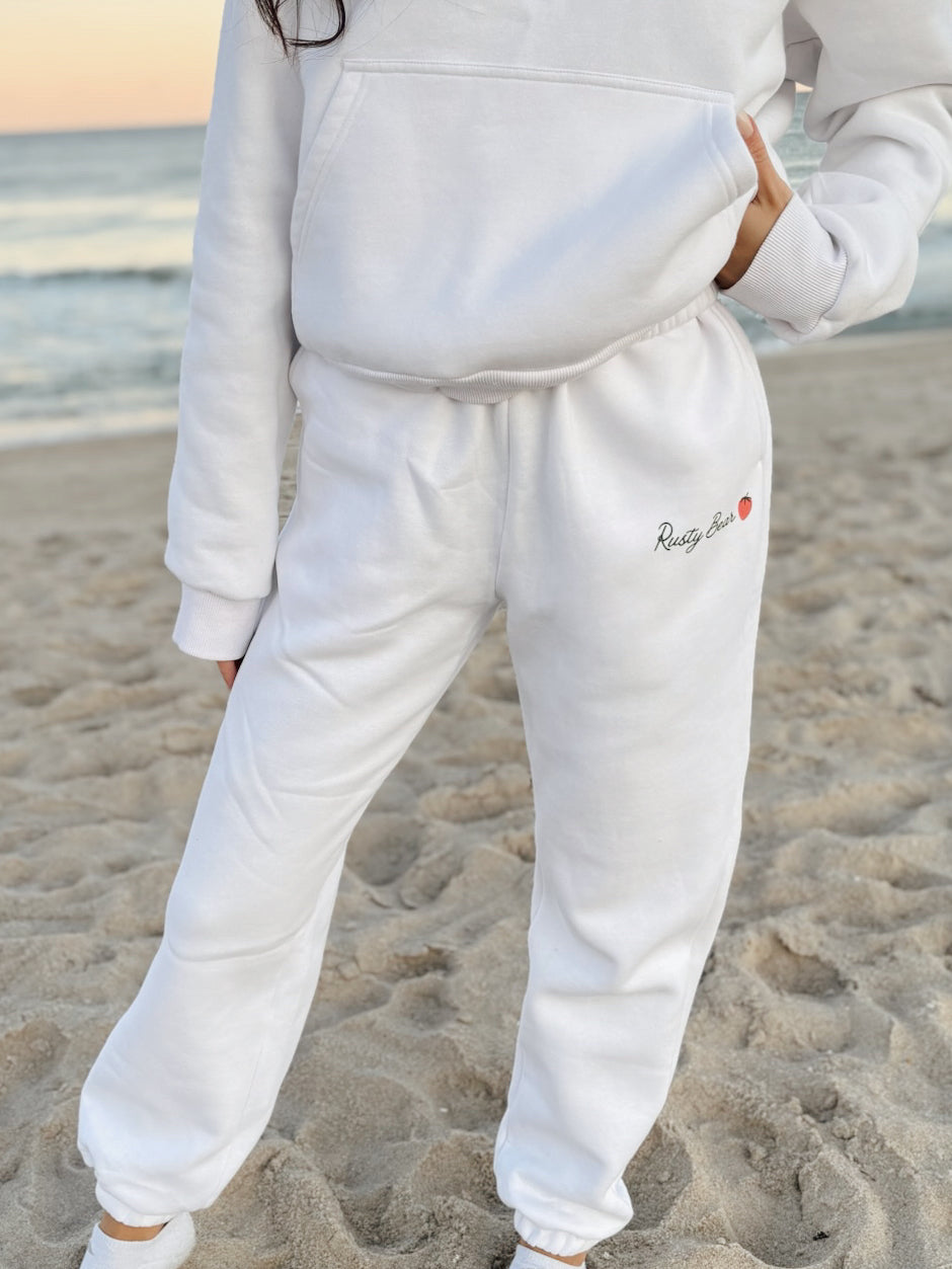 white strawberry cuffed bottom sweatpants