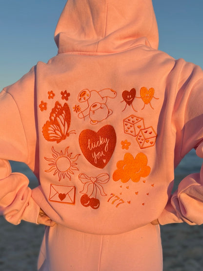 pink & orange “lucky you” elements hoodie