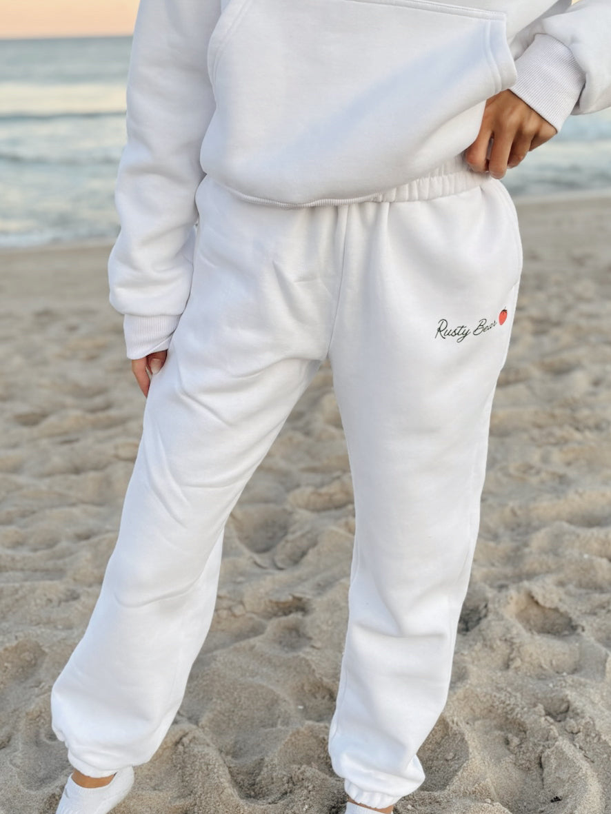 white strawberry cuffed bottom sweatpants